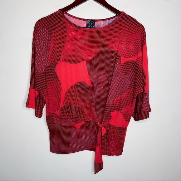Clara Sun Woo Small Dolman Sleeve Blouse Top Red Side Tie Abstract Print EUC - Picture 7 of 7